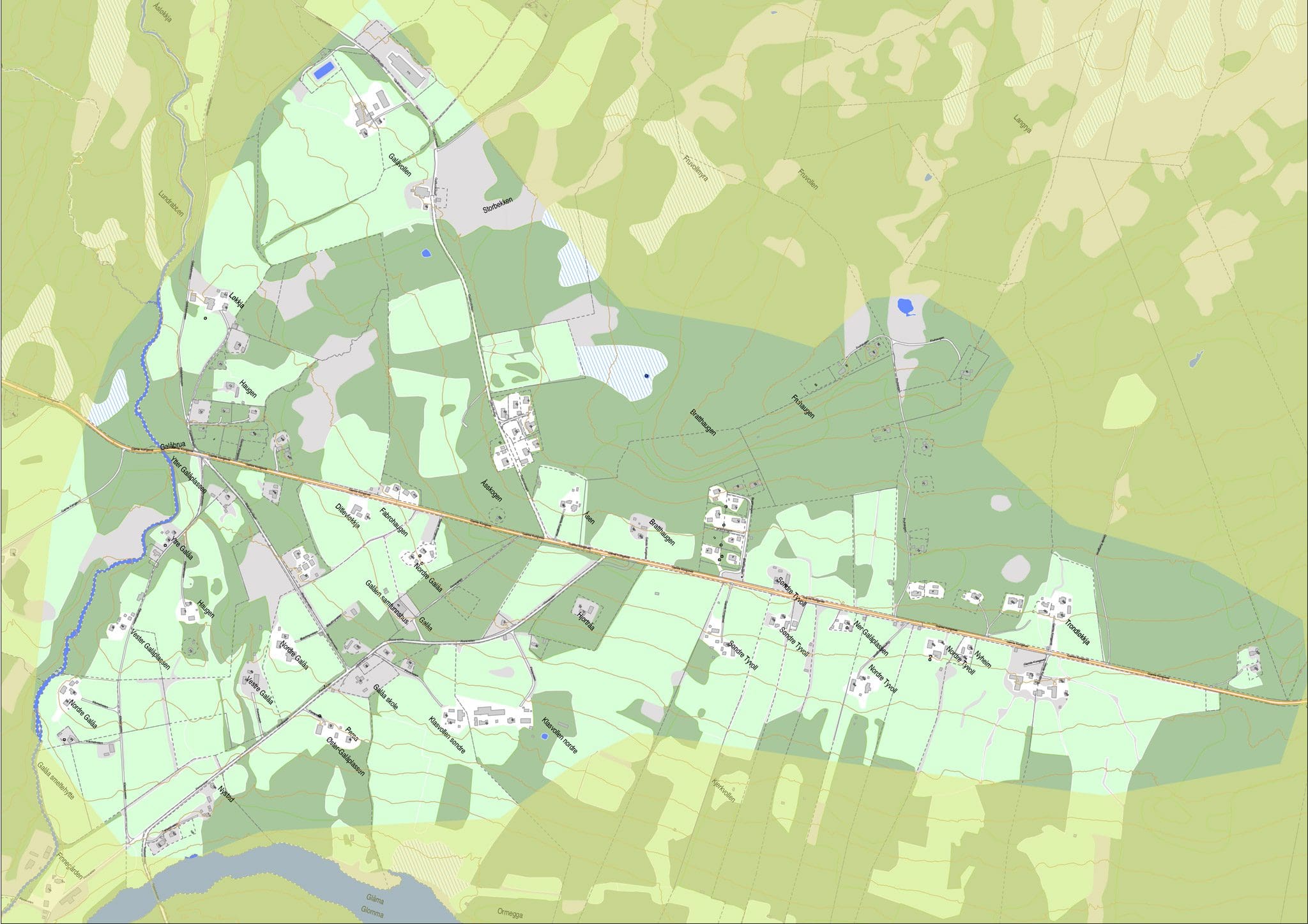 Kartet viser utbyggingsområdet for fibernett i Galåen 2022. Illustrasjon: Ren Røros Digital.