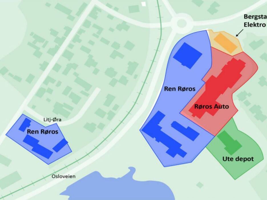 Her er områdene som reguleres. De blå områdene eier Ren Røros.